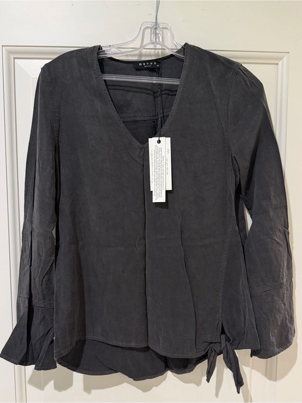 Maven West Charcoal Gray V-Neck Bell Sleeve Blouse NWT Size XS